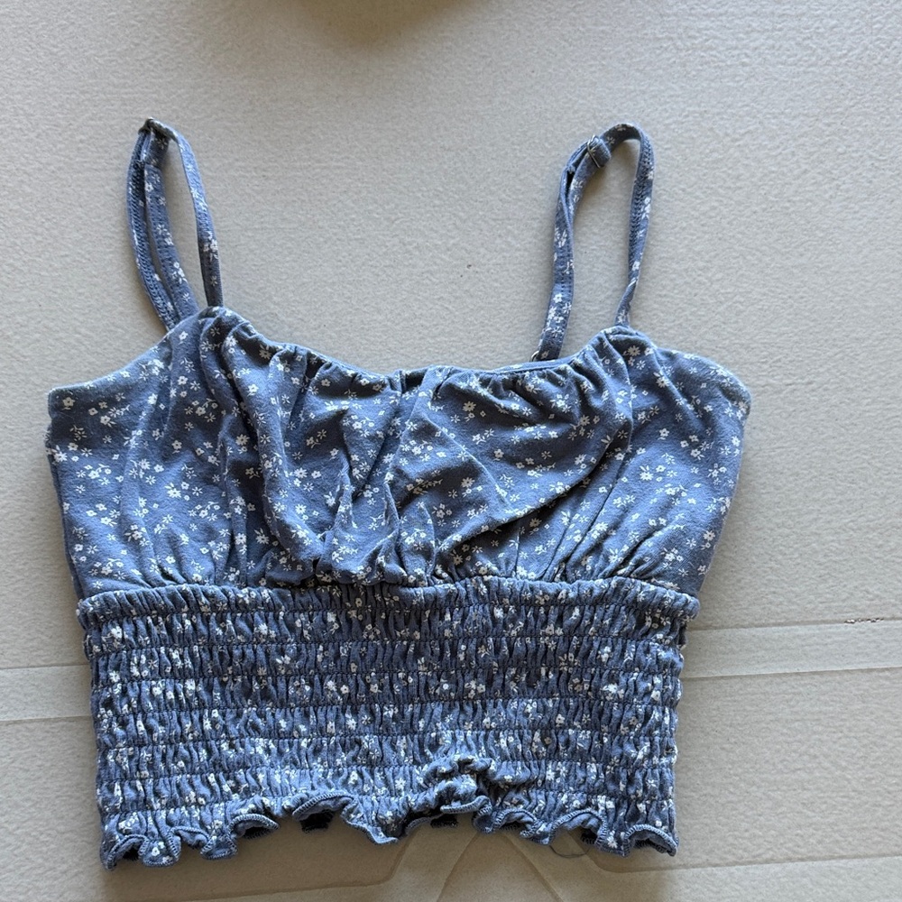 Hollister Blue Floral Smocked Cropped Tank Top - Juniors